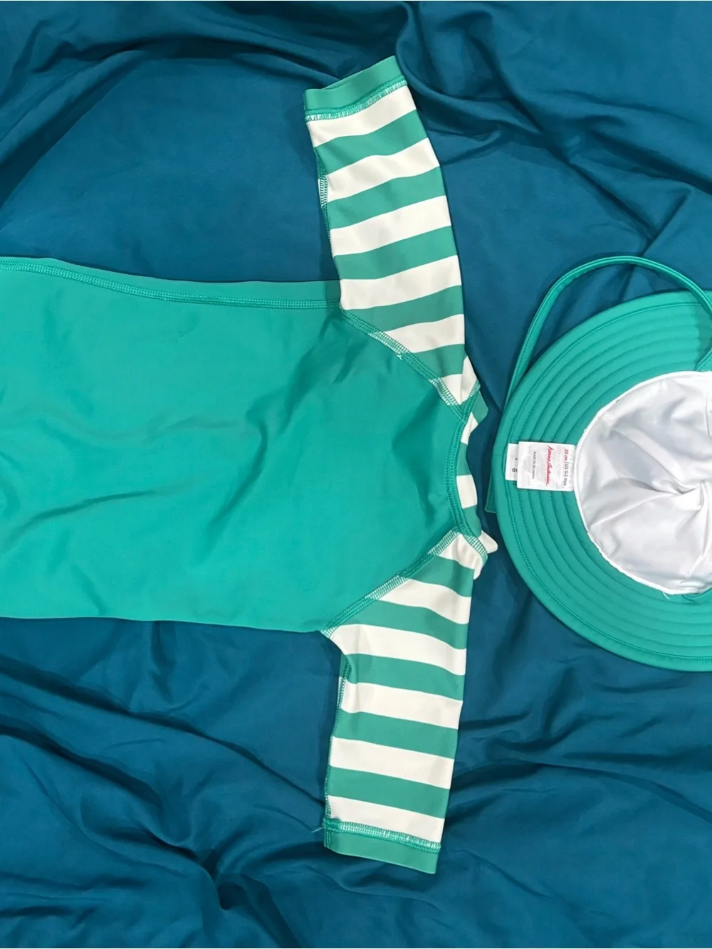 Hanna Andersson Turquoise & White Striped Sleeve One-Piece with Frog Sun Hat